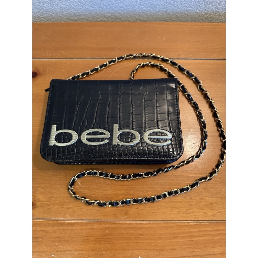 Bebe Fabiola Stamped Crocodile Faux Leather Crossbody Small‎ Handbag Black Gold